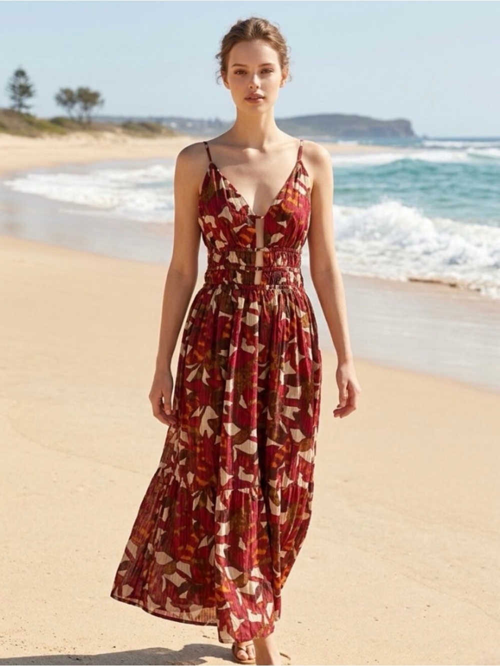 CAROLINE CONSTAS Rust Earth Tone Print Midi Dress | Small